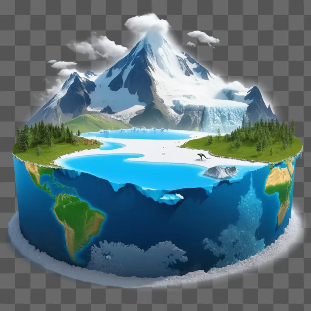 Picture of a round earth with mountains and a blue ocean