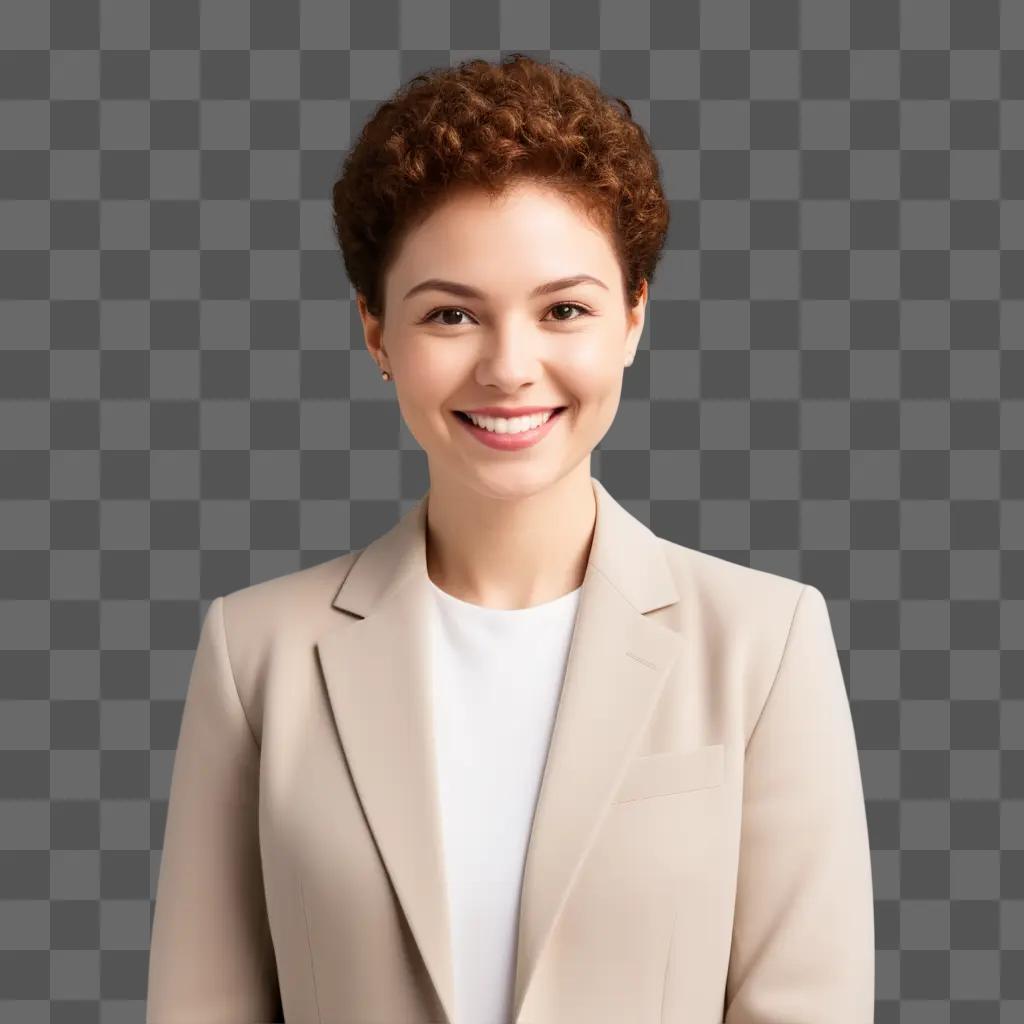 Picture of a smiling woman in a beige suit with a profile picture