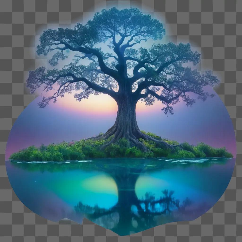 Picture of a transparent oak tree with a rainbow in the background