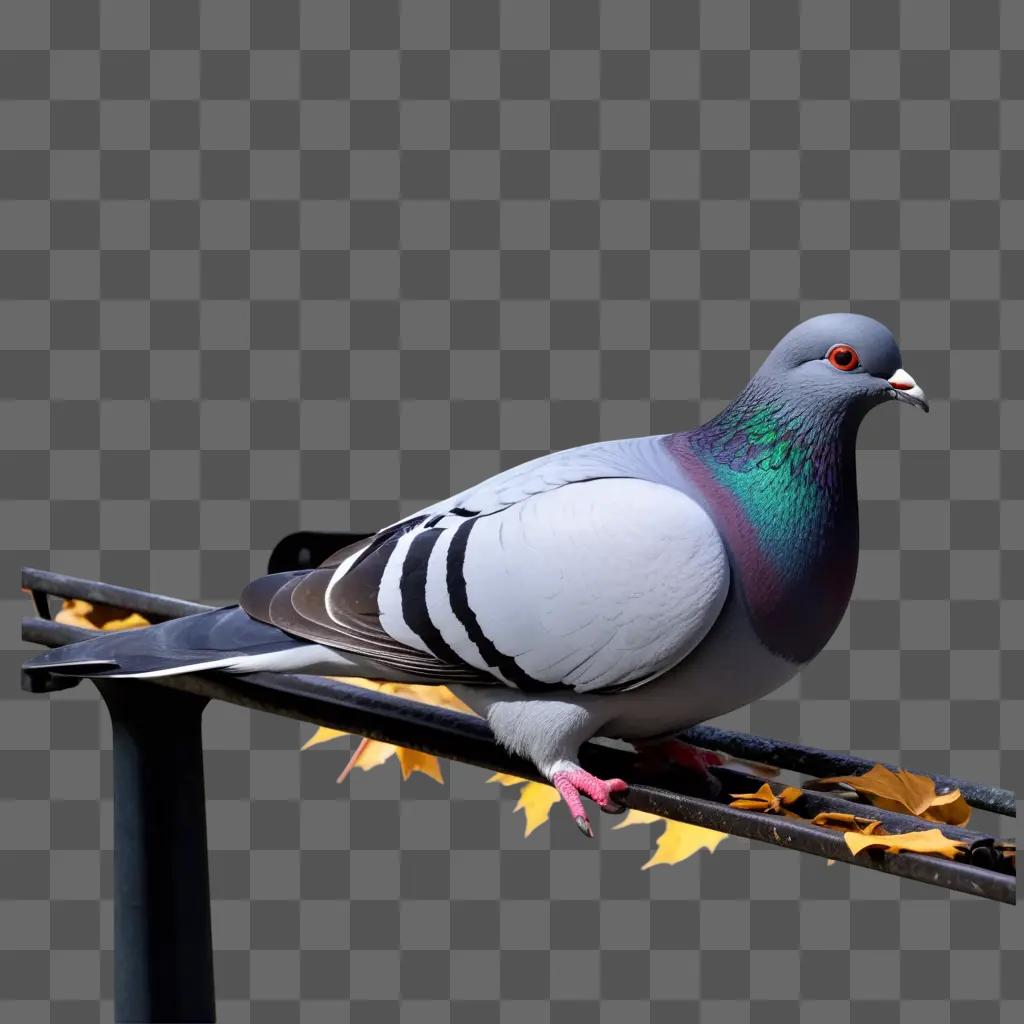 Pigeon with black and white stripes on a metal railing