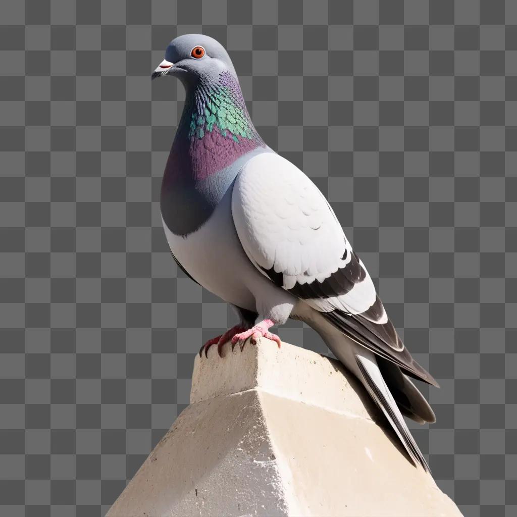 Pigeon with vibrant plumage sits atop concrete pedestal