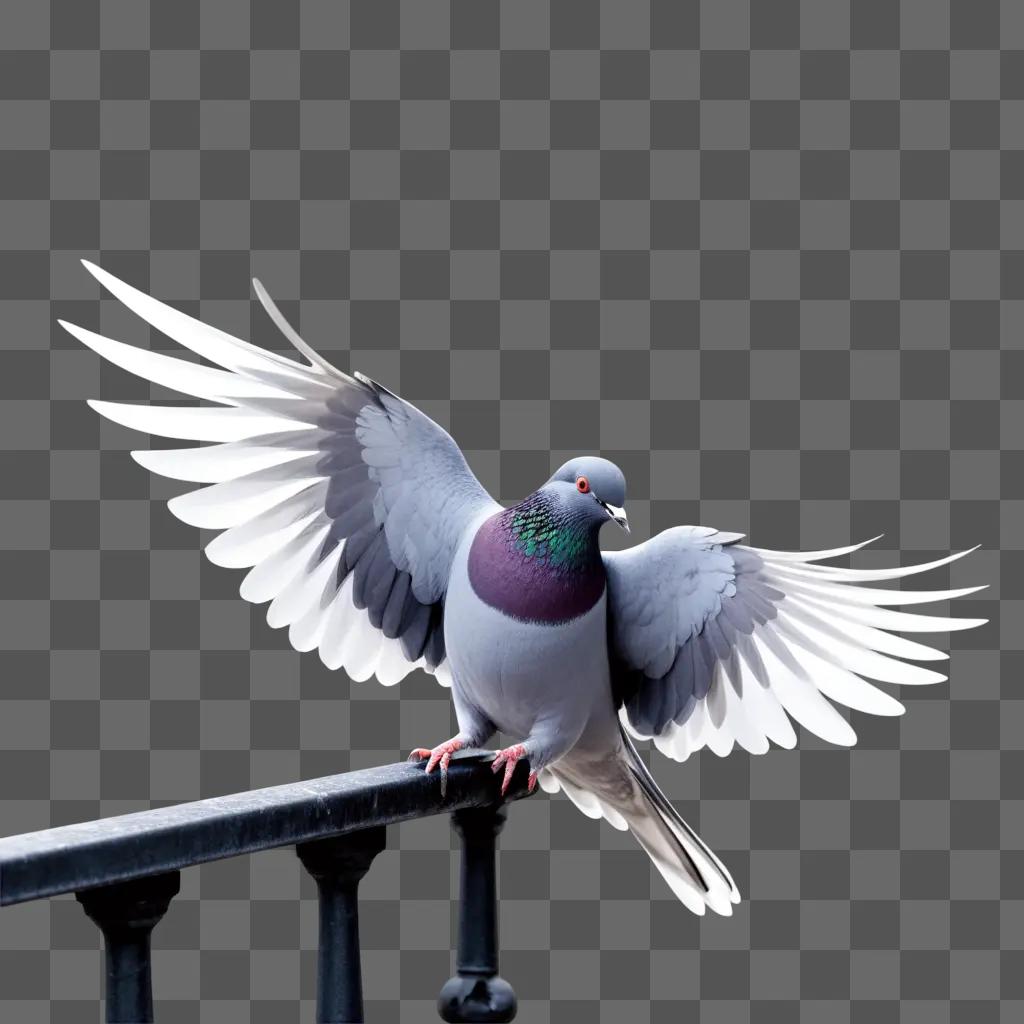 Pigeon with wings spread sitting on a rail