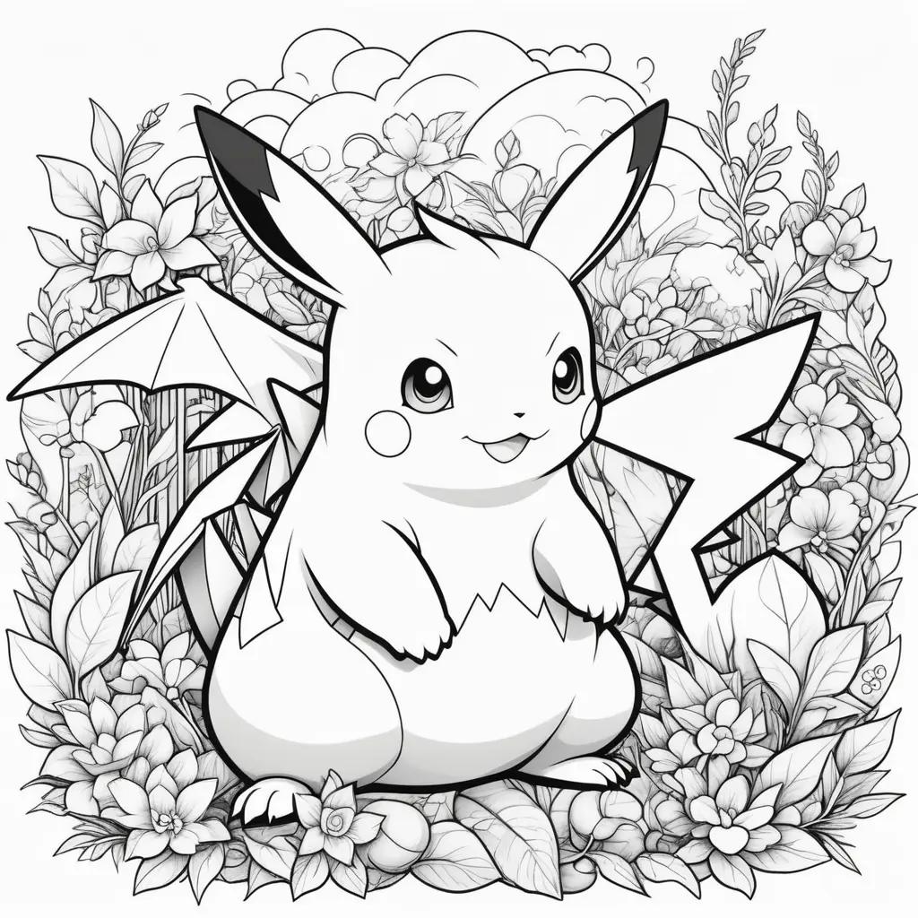 Pikachu Coloring Pages with Flowers and Umbrellas