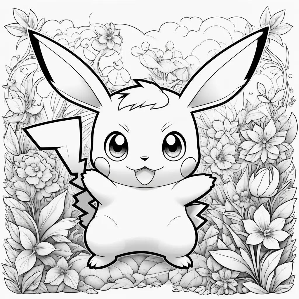 Pikachu coloring pages featuring flowers and grass