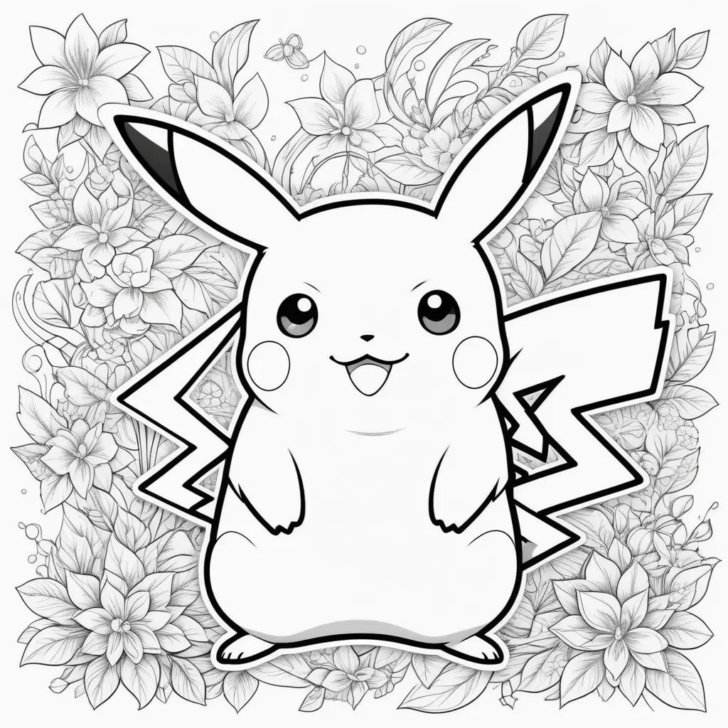 Pikachu coloring pages with floral background