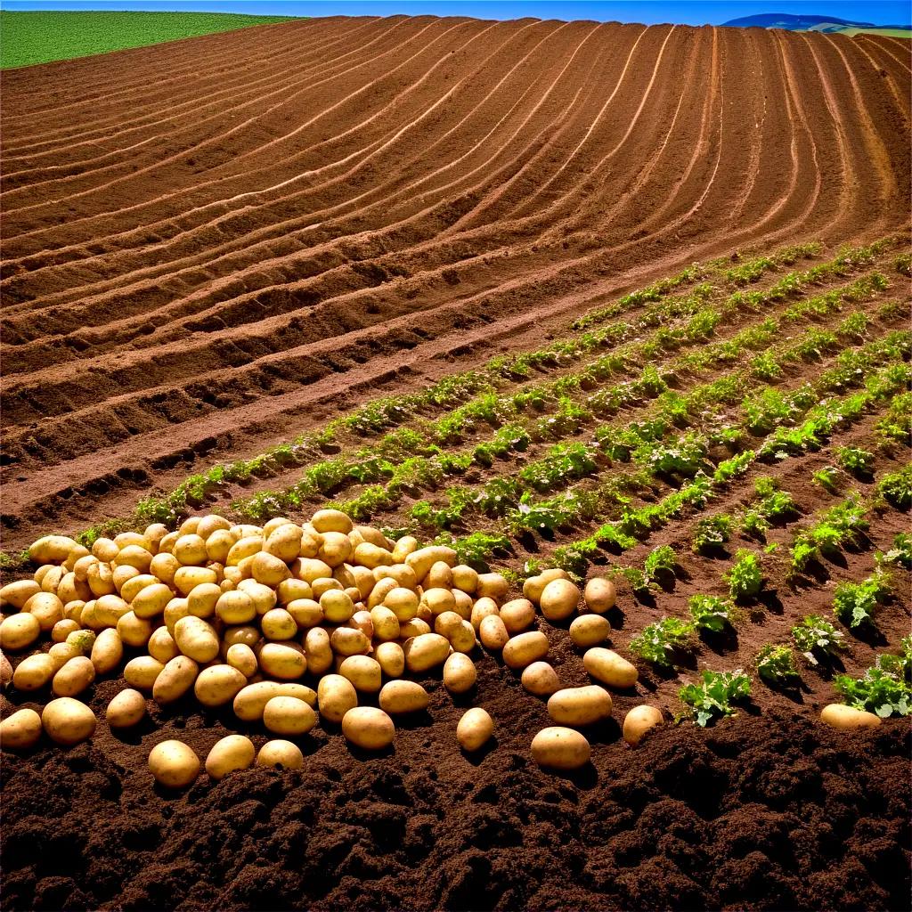 Pile of potatoes in a row in a field