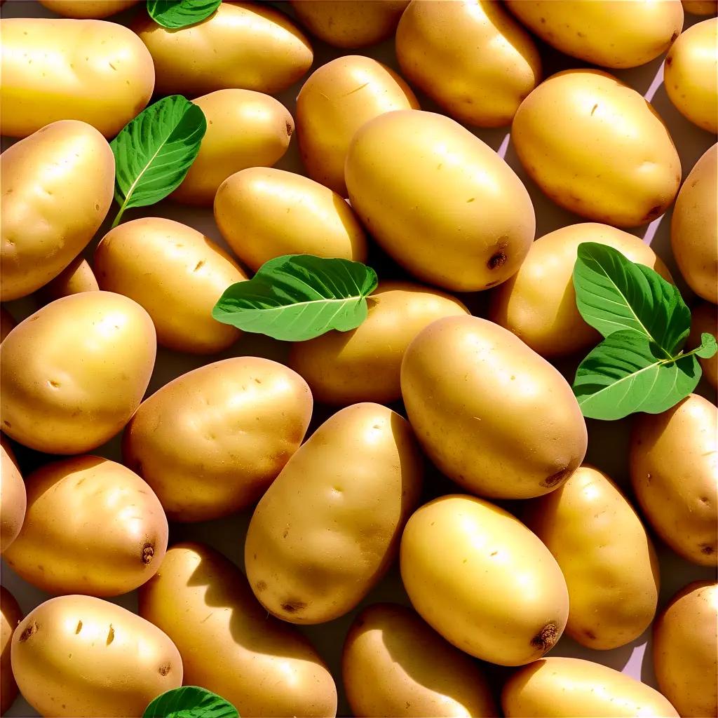 Pile of potatoes with green leaves