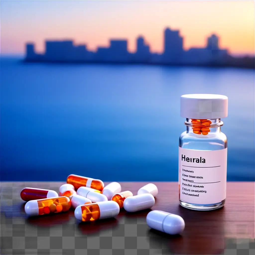 Pills on table near water and city skyline