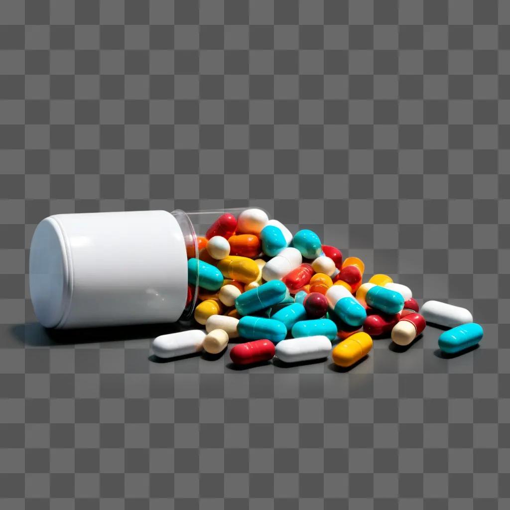 Pills spill out of a white container on a gray surface