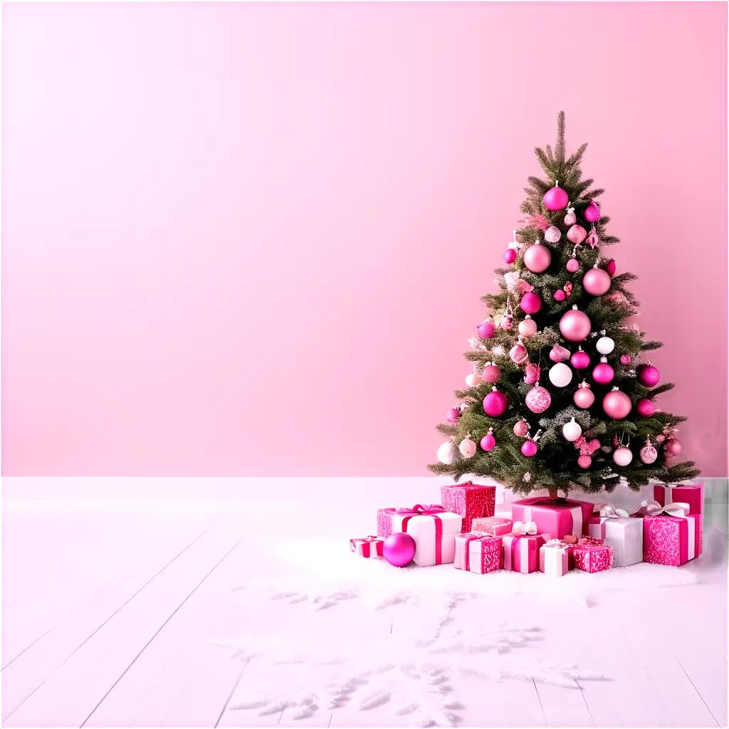 Pink Christmas background with a Christmas tree and presents