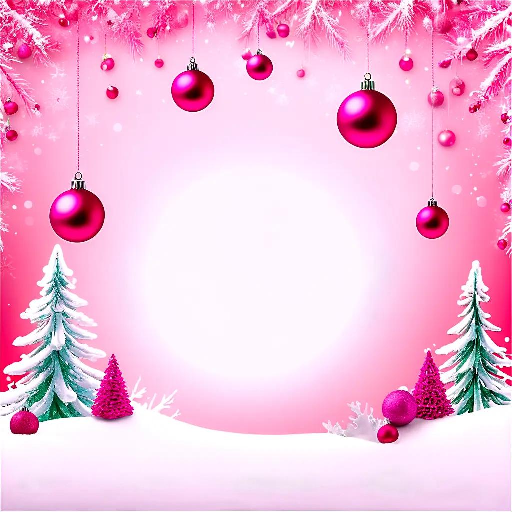 Pink Christmas background with hanging ornaments and snow