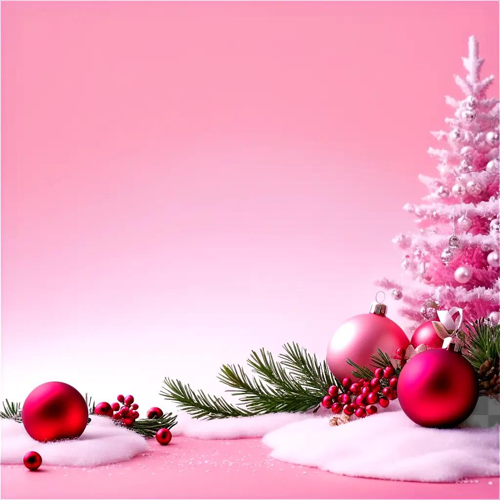 Pink Christmas background with ornaments and fir tree