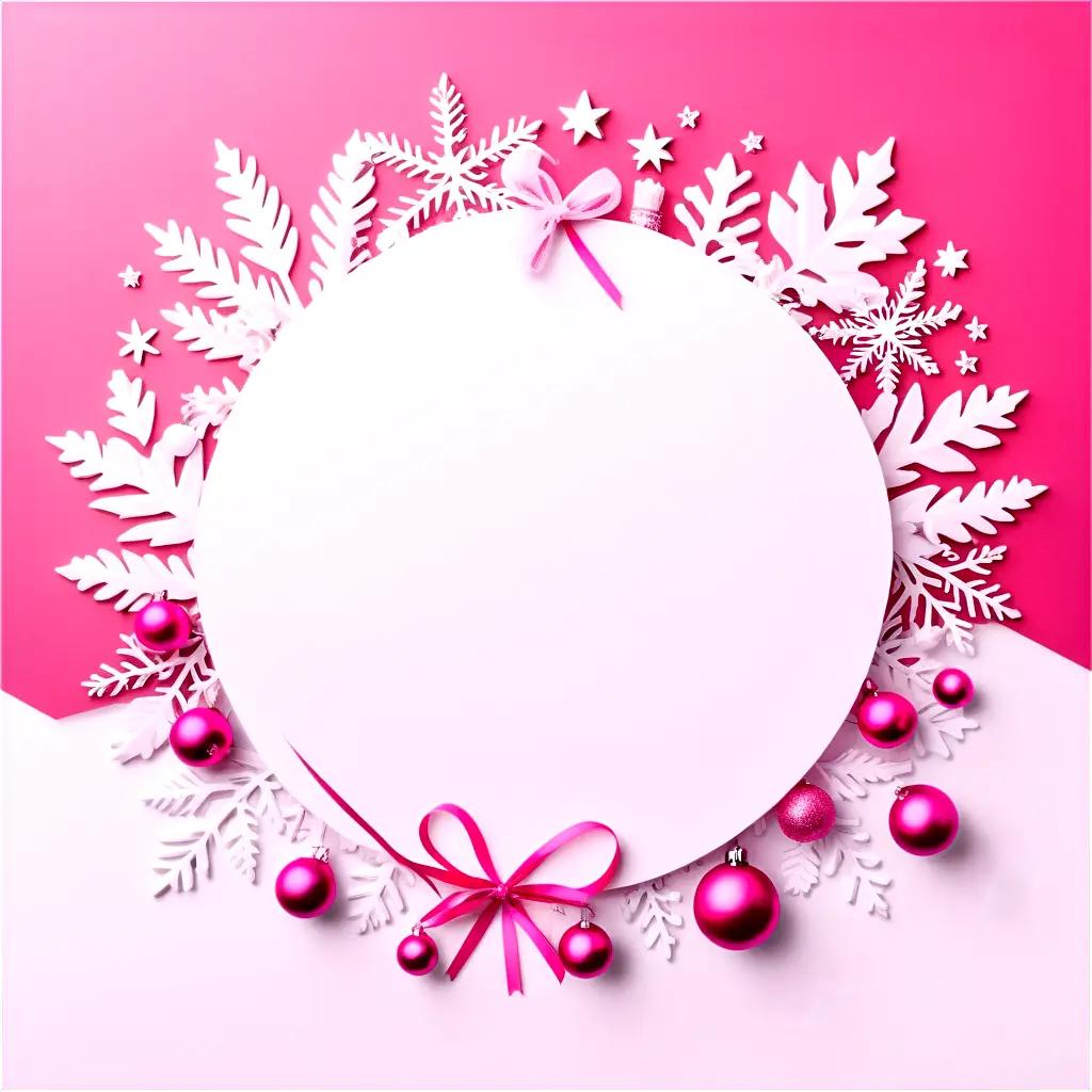 Pink Christmas background with ornaments and paper snowflakes