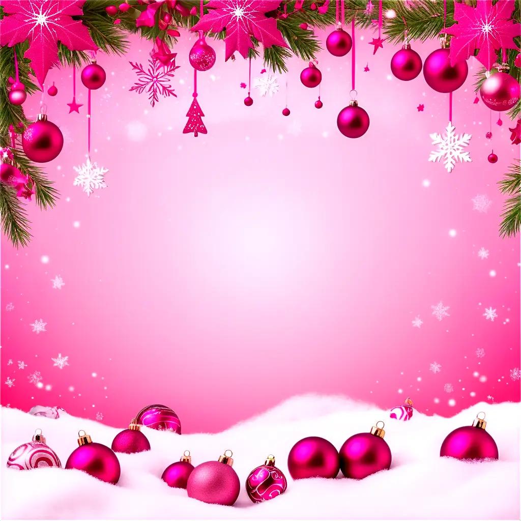 Pink Christmas background with ornaments and snow