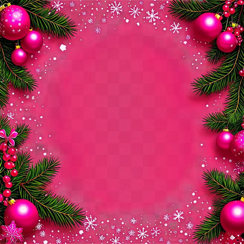 Pink Christmas background with ornaments and snowflakes