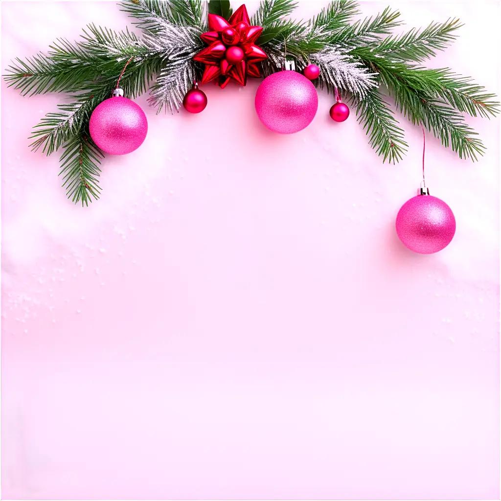 Pink Christmas background with ornaments on pink paper