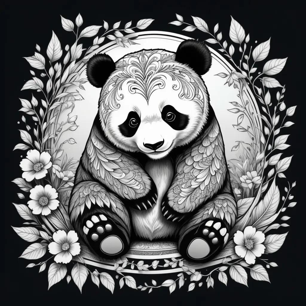 Pink and black coloring page of a panda