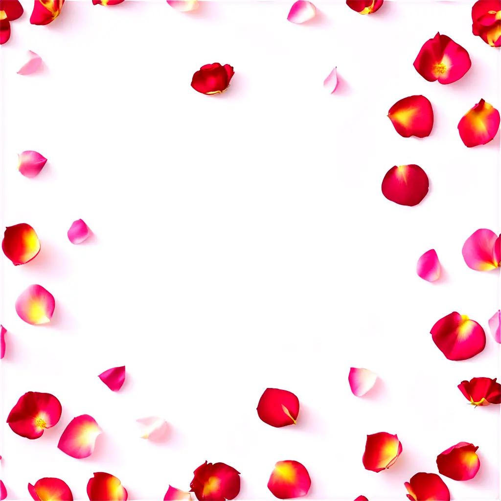 Pink and yellow rose petals scattered on a white background