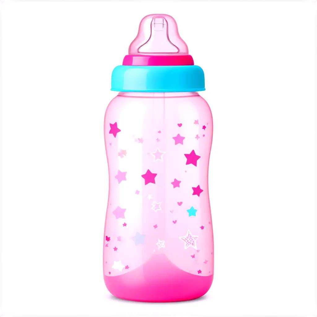 Pink baby bottle with star designs and blue top