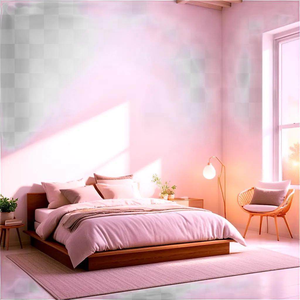 Pink bedroom with wooden furniture and large window