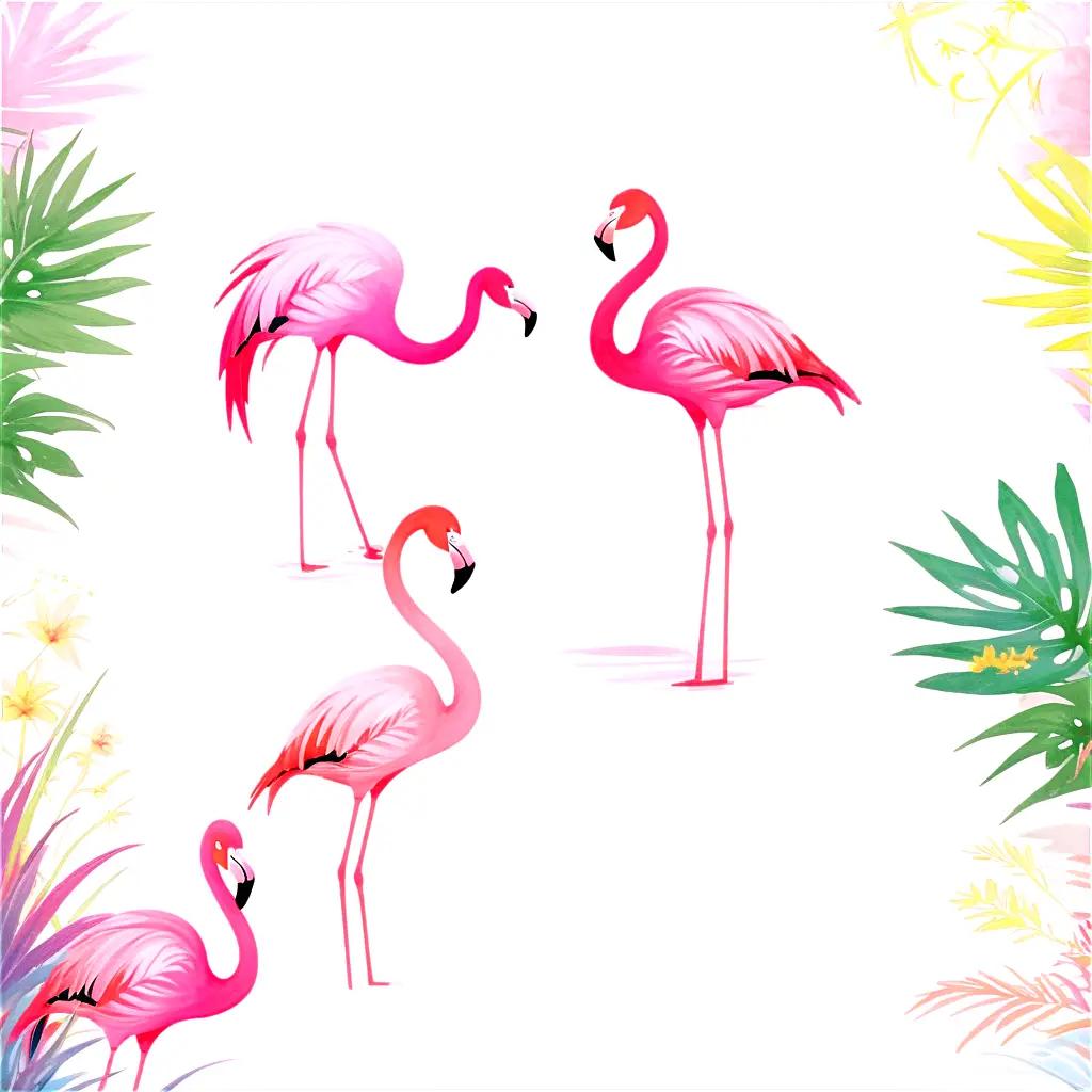 Pink flamingos standing in tropical scene