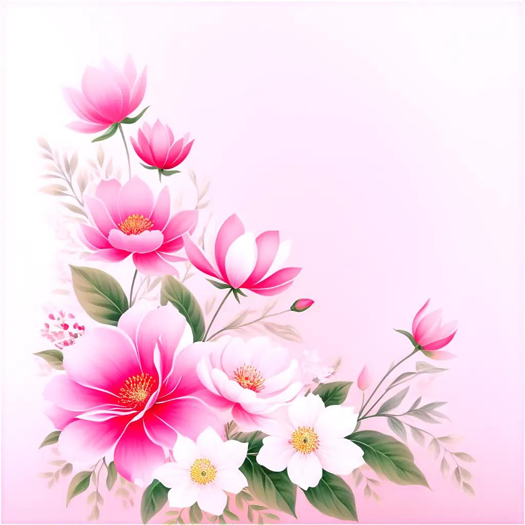 Pink flowers and leaves in a pink background