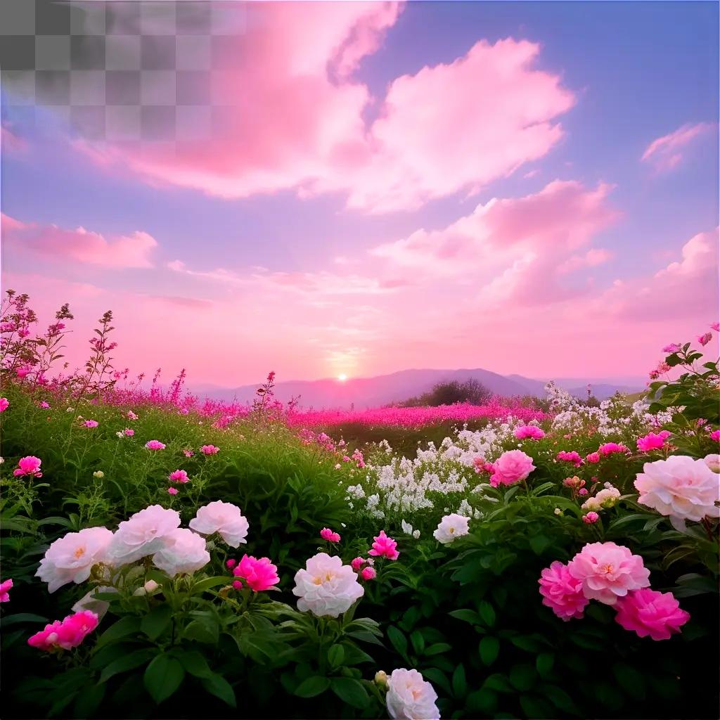 Pink flowers in a field at sunset