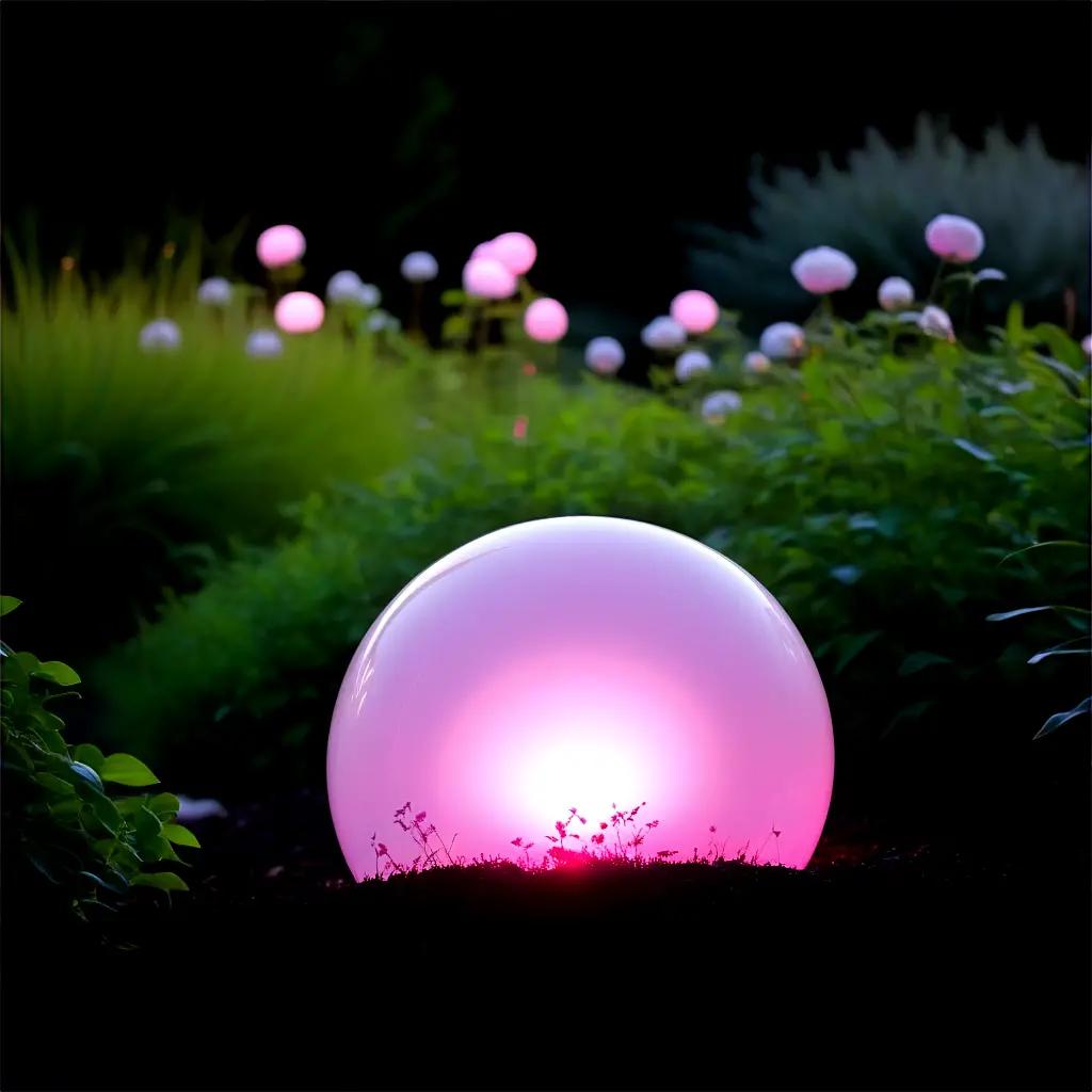 Pink glowing sphere illuminates garden at night