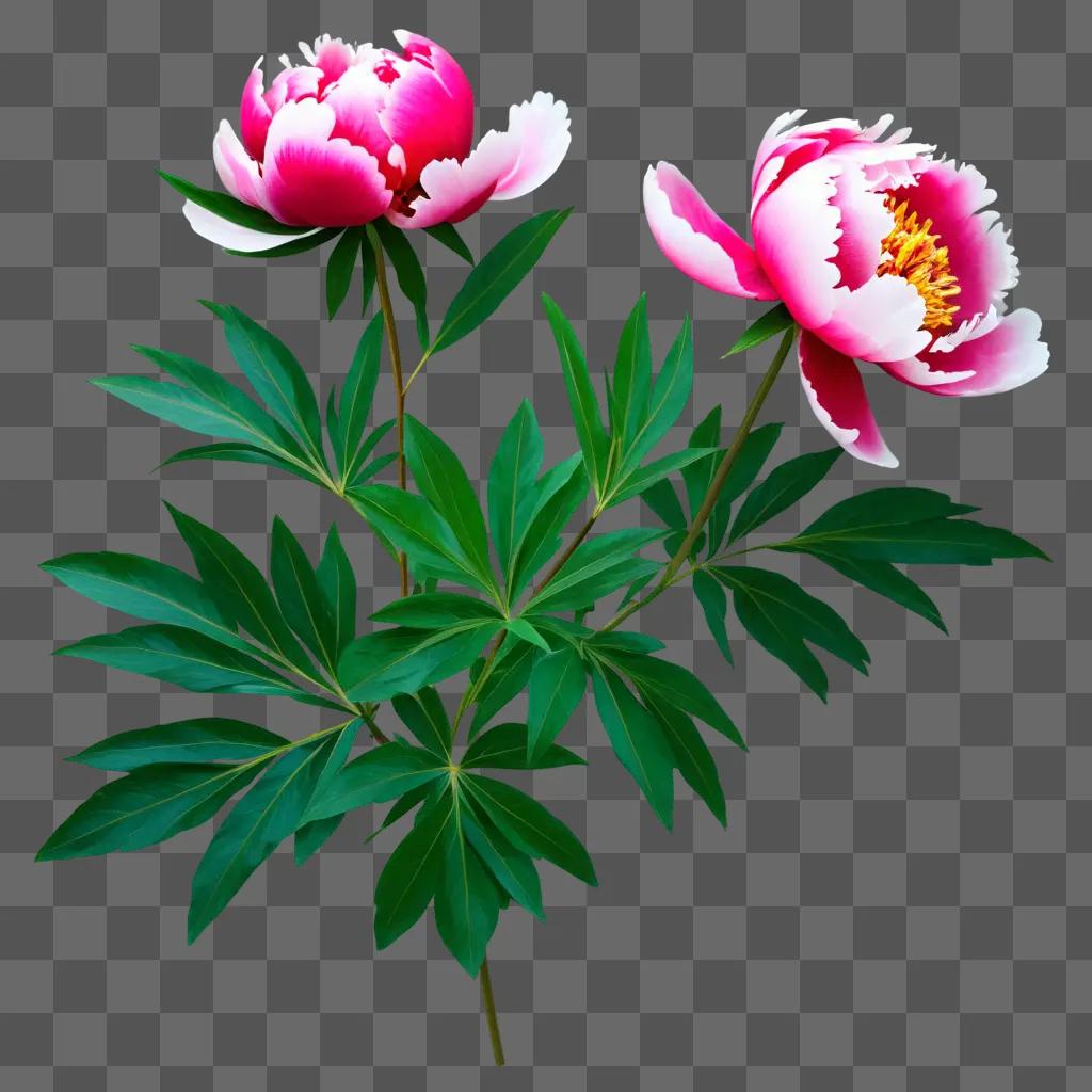 Pink peony with green leaves on a dark background