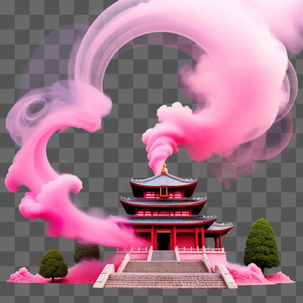 Pink smoke billows behind a pink building