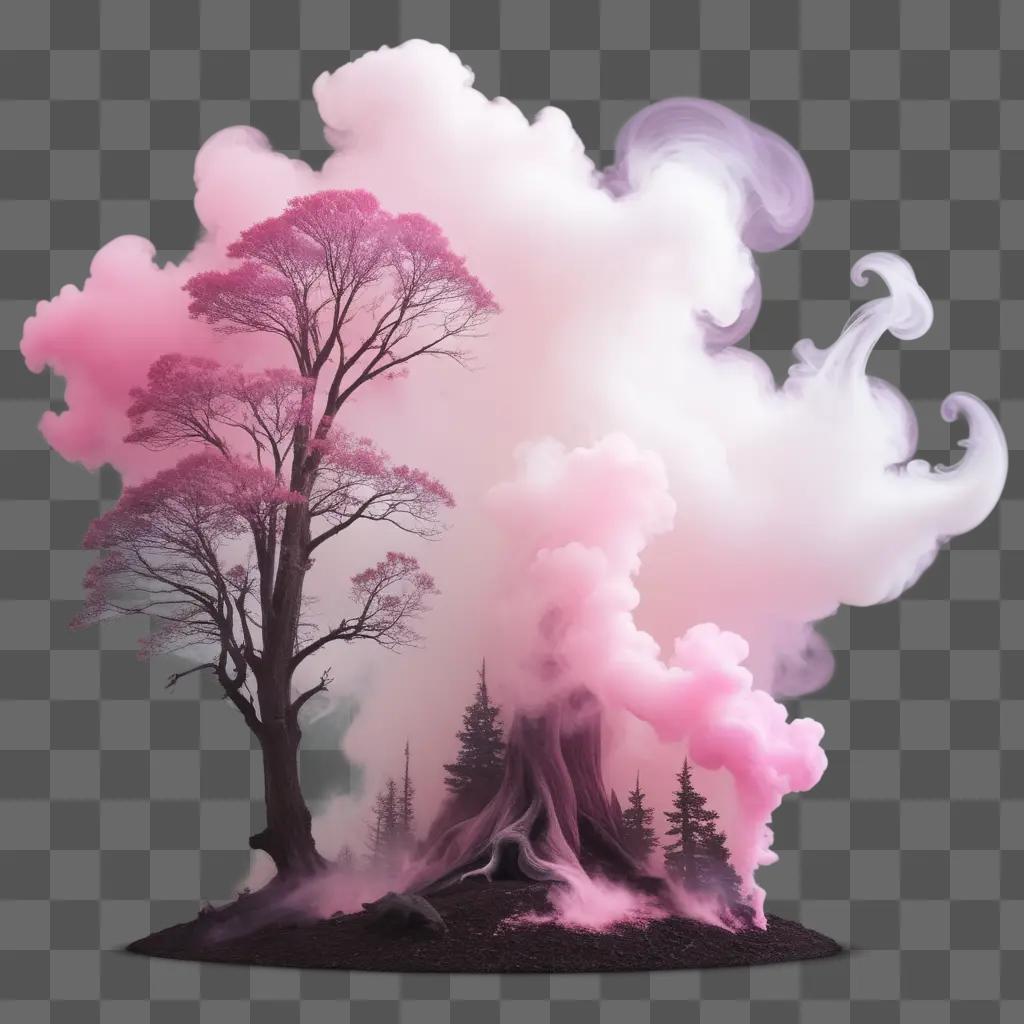 Pink smoke billows from a tree and smoke stacks