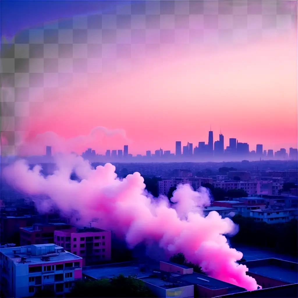 Pink smoke billows over city buildings at sunset