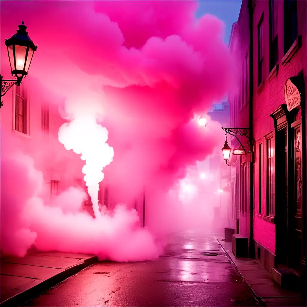 Pink smoke billows through a city street