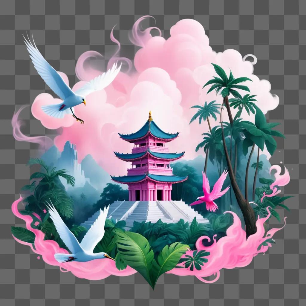 Pink smoke surrounds a pink building in a tropical setting