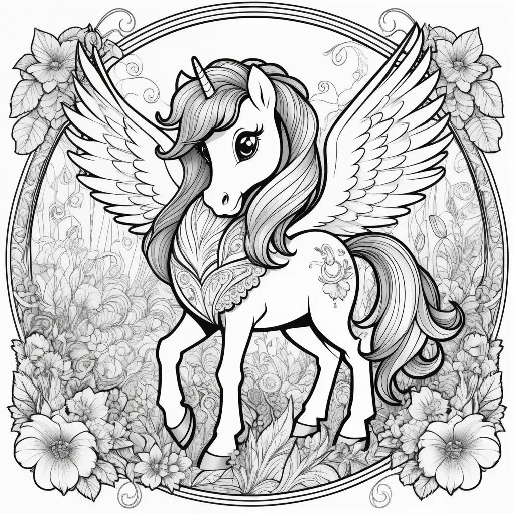 Pink winged unicorn with intricate floral designs