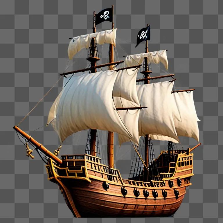 黒と白の旗が空中に浮かぶ海賊船