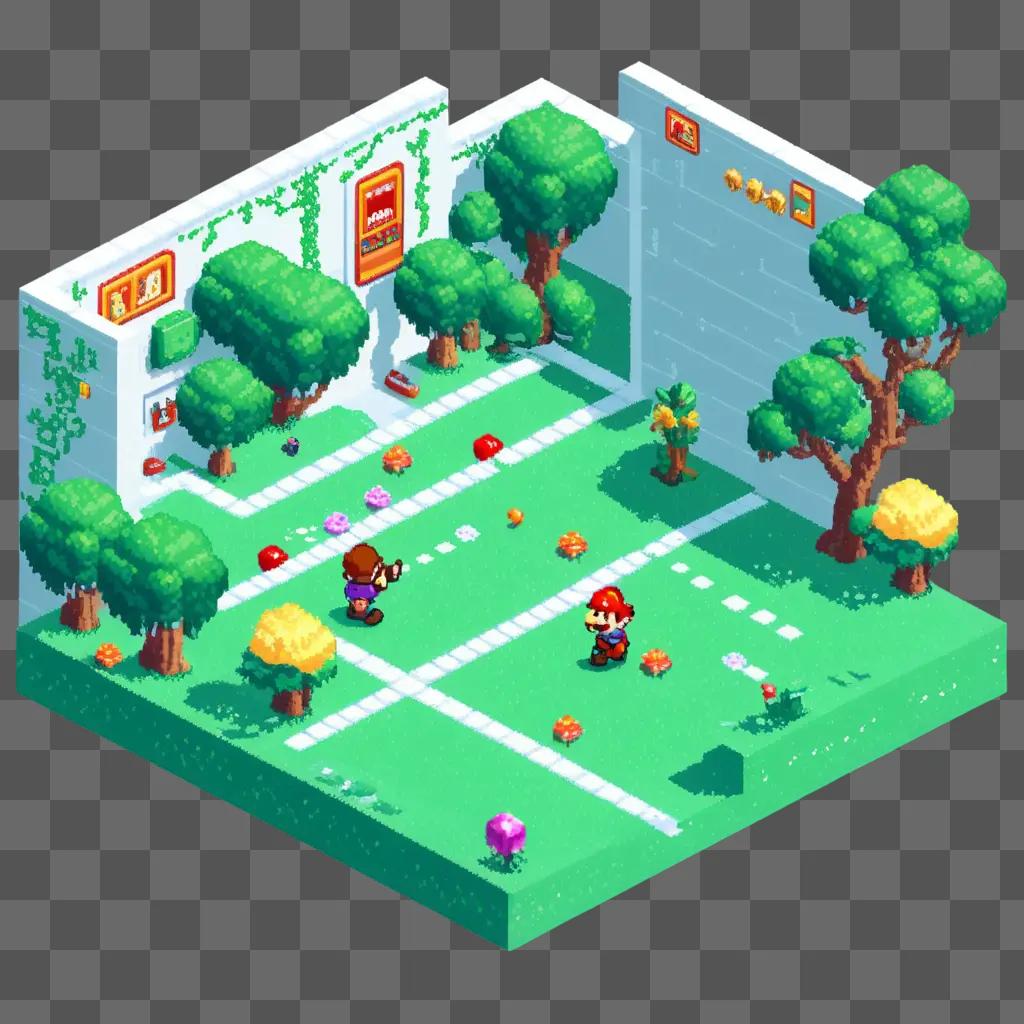 Pixel art game with green grass and trees