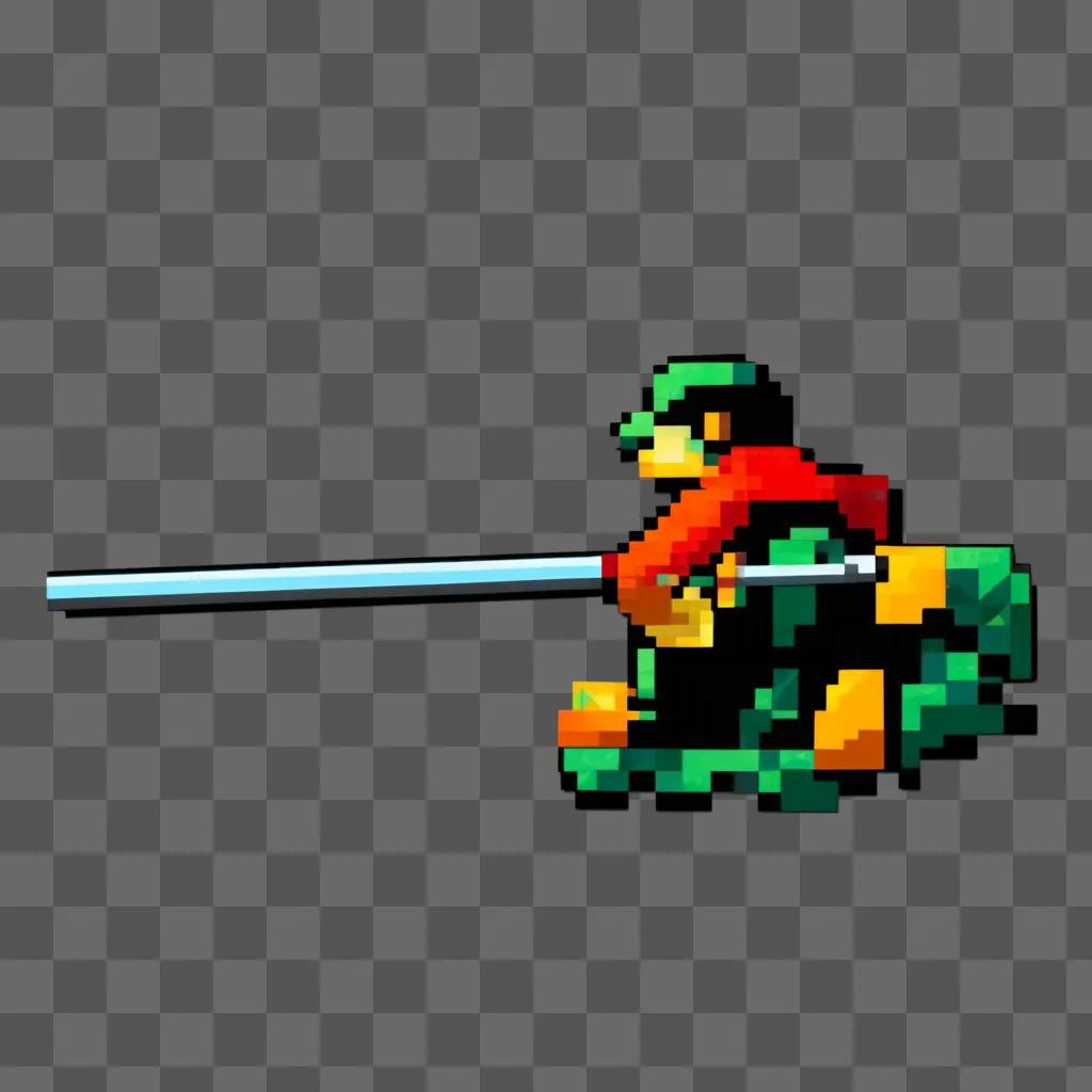 Pixelated figure in green with a green weapon