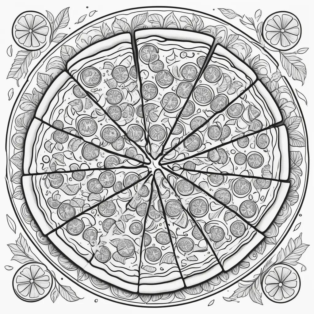 Pizza coloring page with black and white illustrations of pizza slices