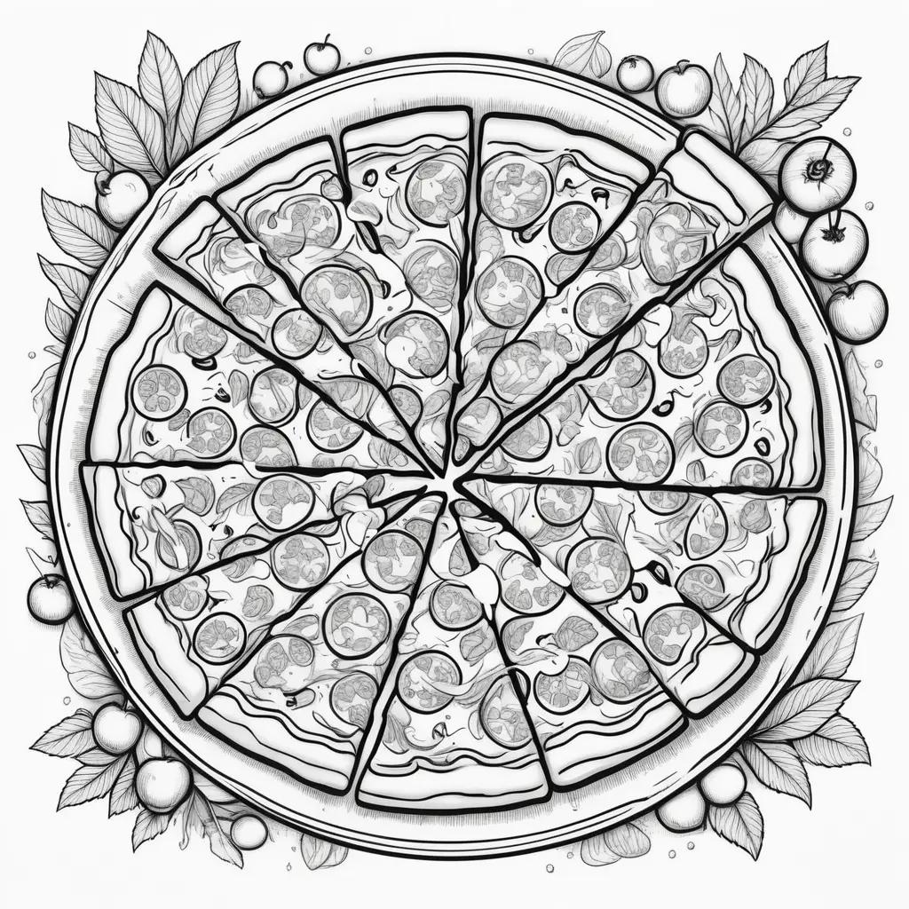 Pizza coloring pages featuring various toppings and leaves