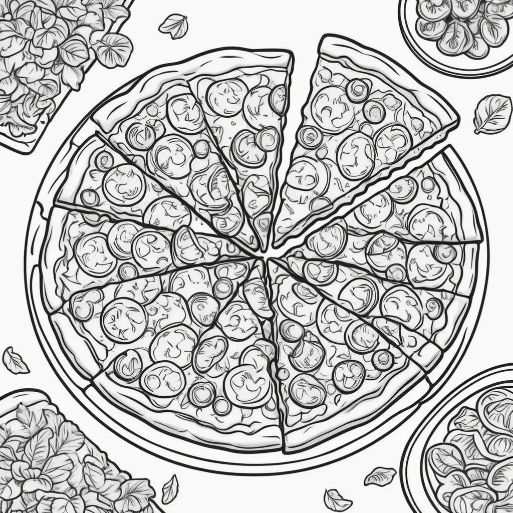 Pizza coloring pages with 10 slices and various toppings