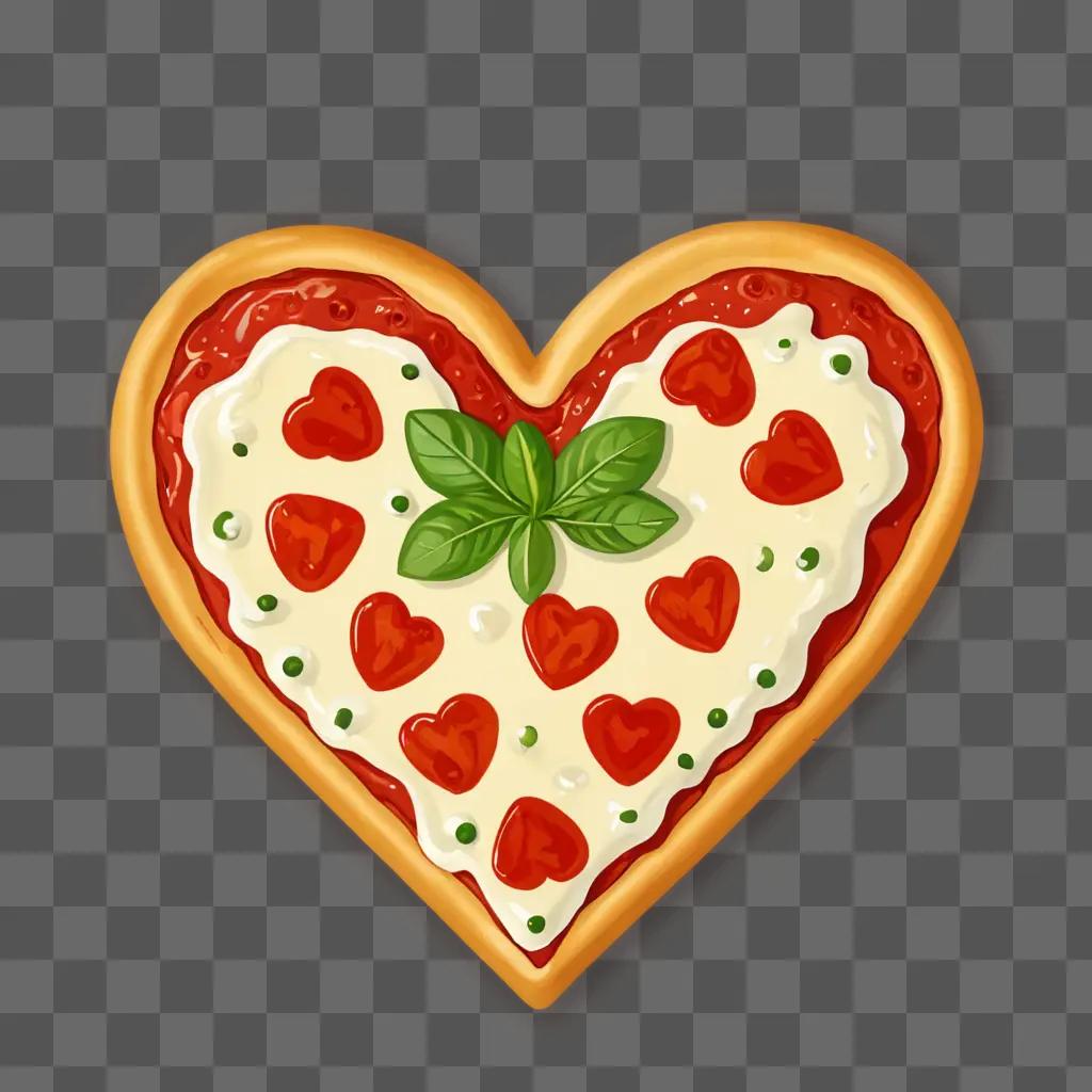 Pizza heart with basil and tomato topping on brown background