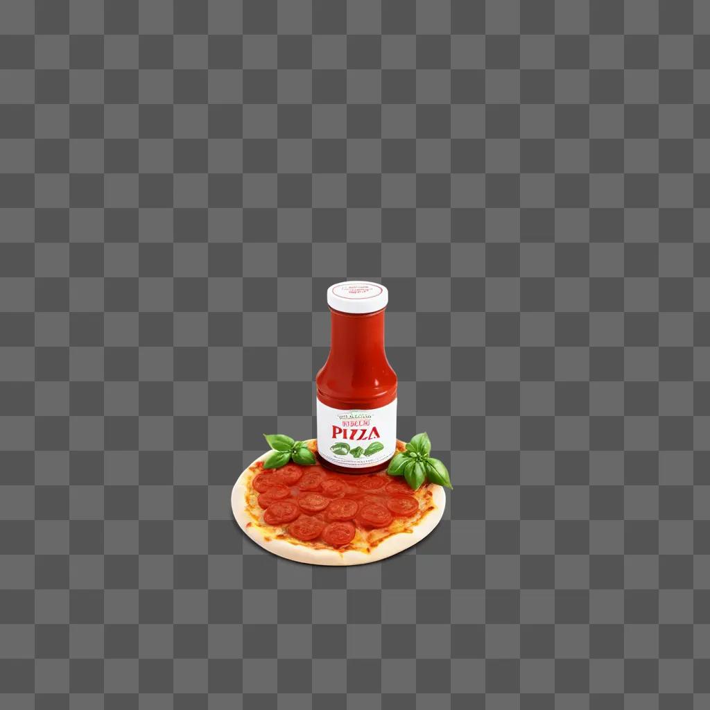 Pizza sauce bottle sits on pizza with toppings