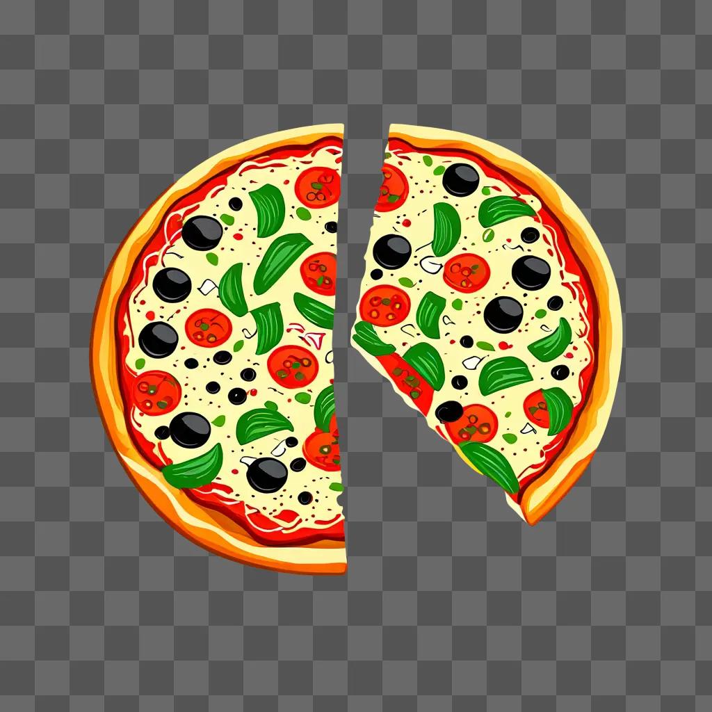 Pizza slice with black olives and green herbs in a brown background