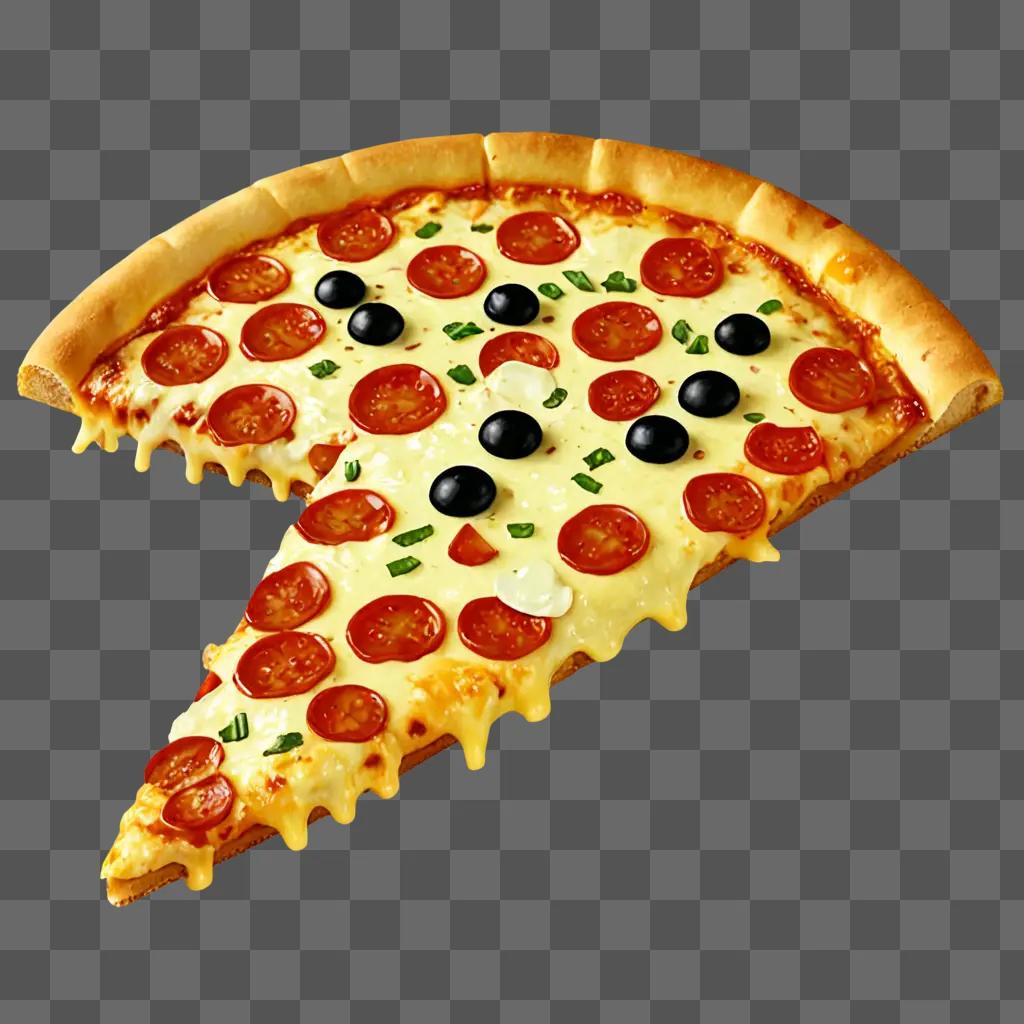 Pizza slice with cheese and olives on a brown background