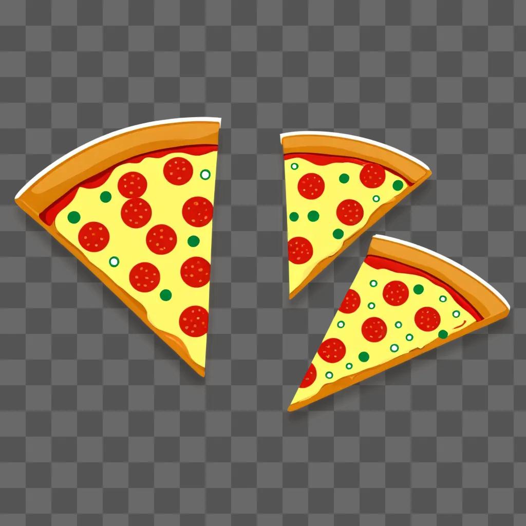 Pizza slice with pepperoni and green dots on a brown background