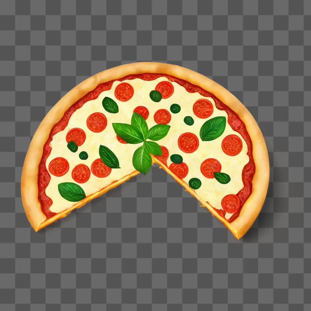 Pizza slice with toppings and green leaves