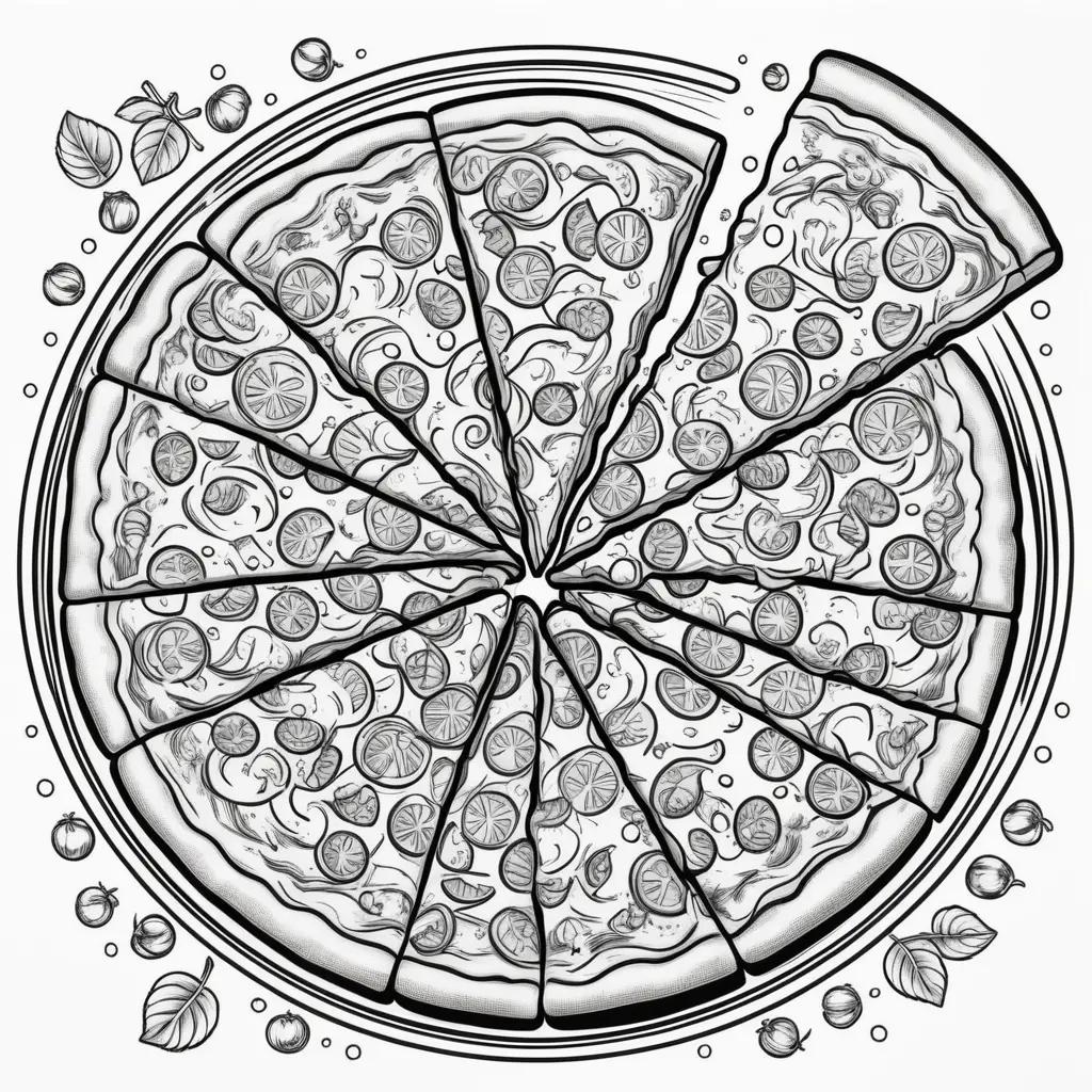 Pizza slices and toppings coloring page with black and white design