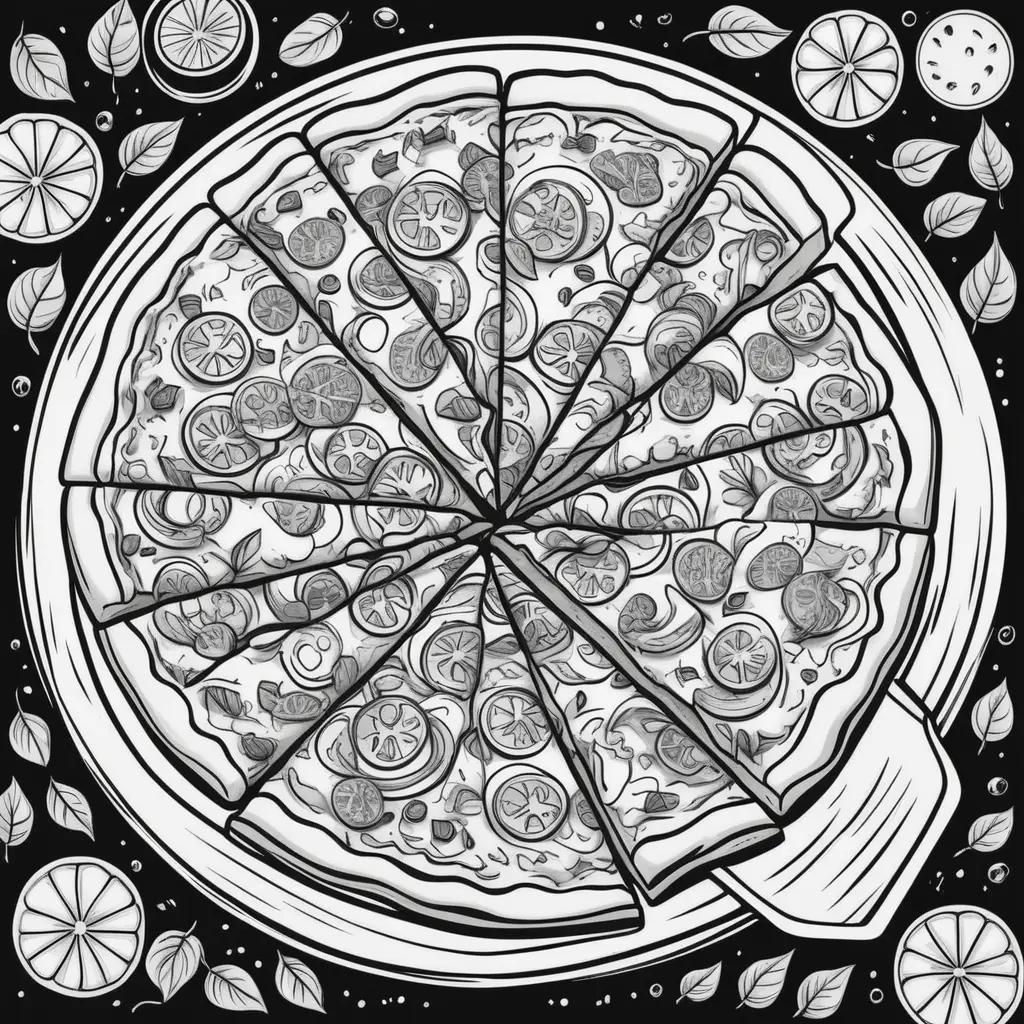 Pizza slices and toppings on black and white coloring pages