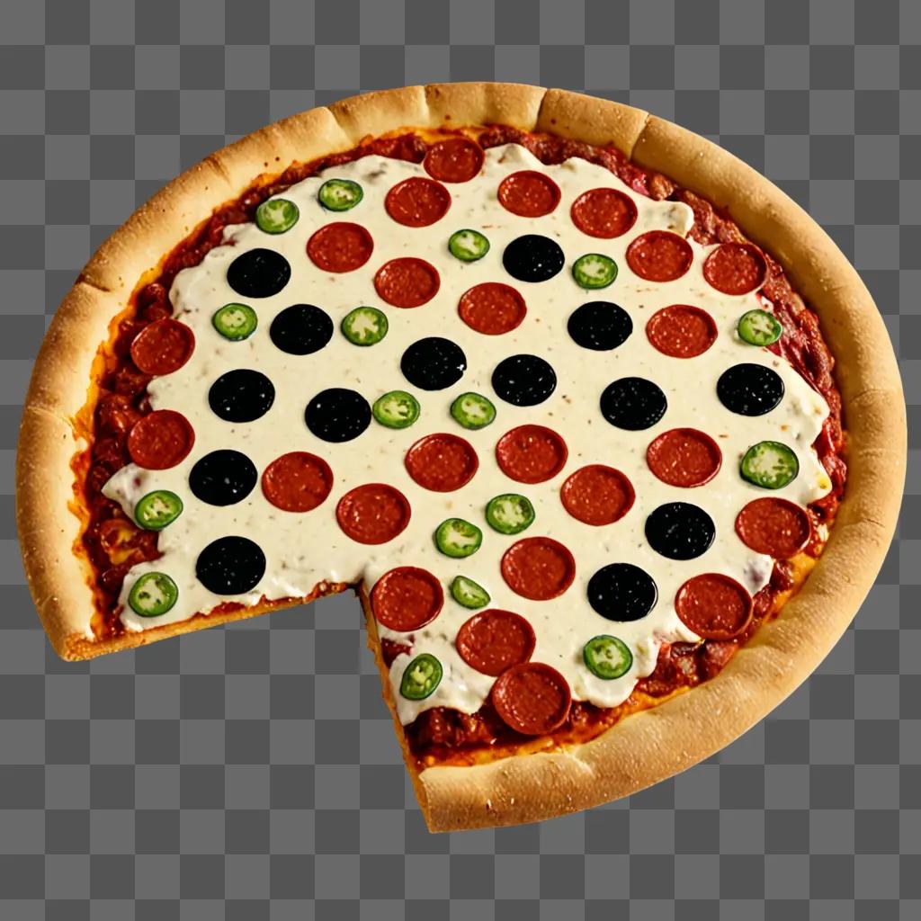 Pizza with black and white toppings on a brown background